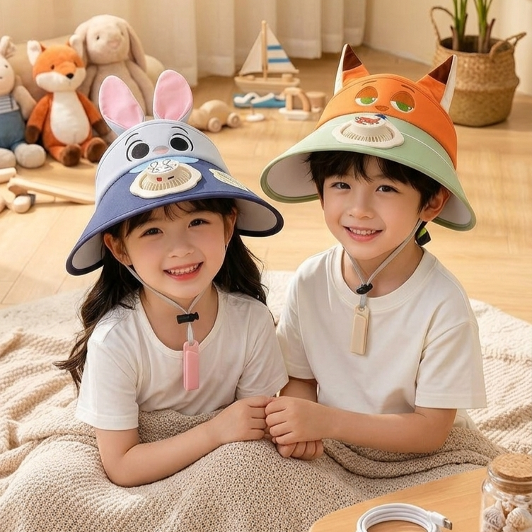 🦊【動物方程式】🐰 夏季必備！兒童立體動物防曬風扇空頂帽