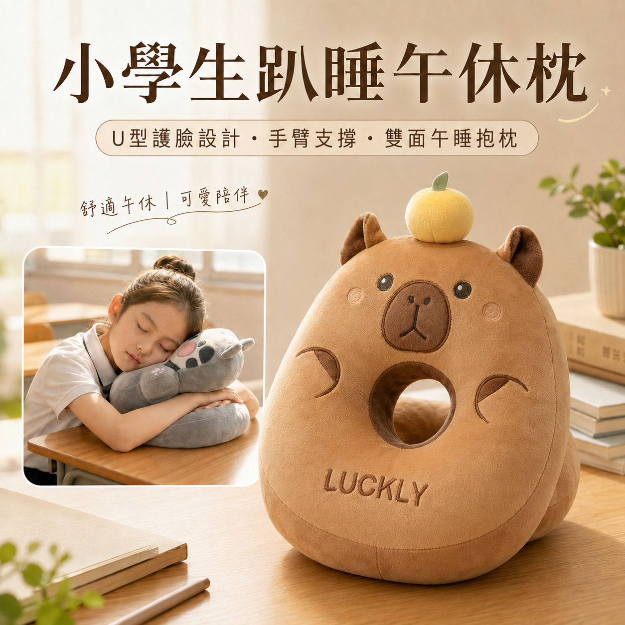 小學生趴睡午休枕｜U型護臉設計・手臂支撐・雙面午睡抱枕