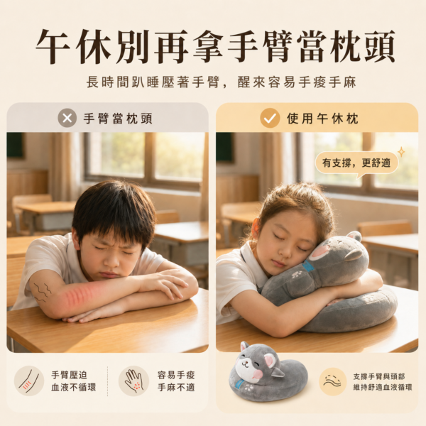 小學生趴睡午休枕｜U型護臉設計・手臂支撐・雙面午睡抱枕